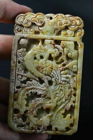 Delicate Chinese Old Jade Carved Phoenix Pendant Y9