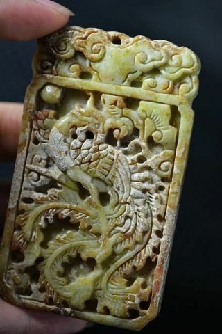 Delicate Chinese Old Jade Carved Phoenix Pendant Y9 4