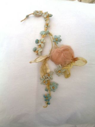 61/2 " Victorian French Soft Pink Silk Ribbonwork Rose Leaves Flowers On Vine