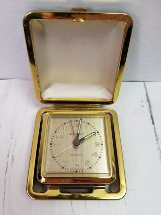 Vtg Bucherer Alarm Clock Desk Travel Brass Folding Watch