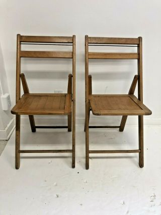 Vintage Wood Folding Chairs Pair Slat Country Wooden Bistro Wedding Dining Set 2