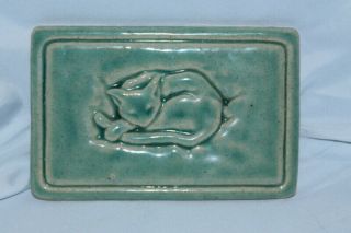 Aqua Blue/green 1995 Detroit Pewabic Pottery Wall Plaque Fox Cat 8.  5x5 3/4 Inch