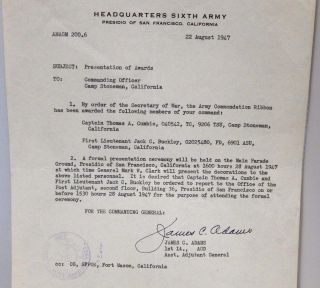1947 Headquarters Sixth Army Presentation of Awards Letter General Mark W Clark 2
