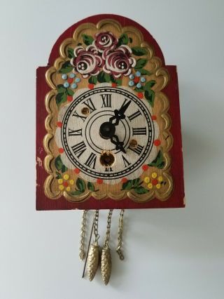 J.  Engstler West German Wooden Floral Hand Painted Miniature Wall Clock