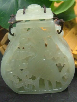 Antique Chinese Celadon Nephrite Hetian Jade Hollow Statue Snuff Bottle1