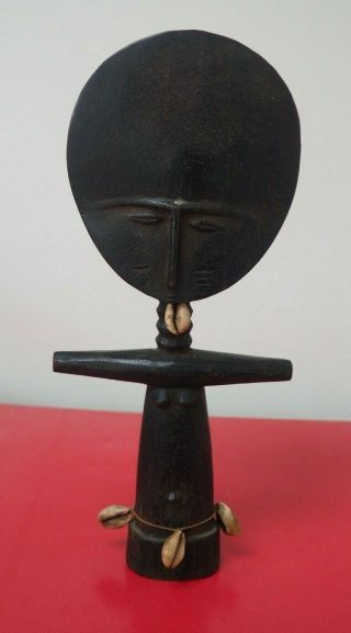 West African Ashanti Tribal Art Carved Wooden Ghana Fertility Doll Figure Cowrie