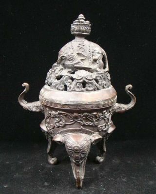 Collectible Handmade Carving Statue Copper Bronze Elephant Incense Burner