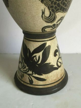 Vintage Asian Chinese Carved Ceramic Pottery DRAGON Dome Foot Vase 14.  5 