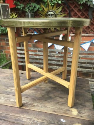 Large Antique Brass Tray Top Table With Folding Legs By Kinco England 23” Dia 6