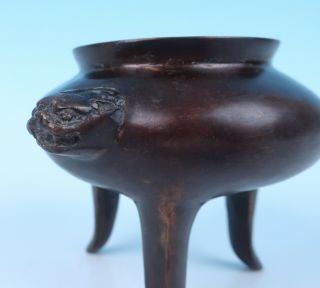 Chinese Bronze Censer w/ Mark Signed Incense Burner Rui Bat Head Handles Mask 3