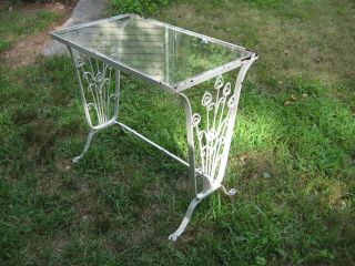 Vintage Wrought Iron Side Table Glass Top Art Deco Plant Stand Mid Century
