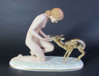 Fine 12.  5 " Hutschenreuther German Art Deco Porcelain Figure Nude W/ Fawn