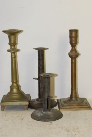 2 18th Cent Brass Candlesticks,  & 2 Hogscraper Sticks (american),  1 Dated 1853