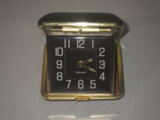 Vintage Bulova Travel/alarm Clock Japan Brown Case W/ Luminous Dial Great