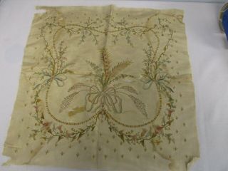 Antique Embroidered Silk Fabric 18 " Square W Bouquet Of Fern Flowers