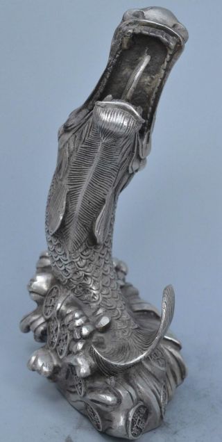 Collectable Old Souvenir Miao Silver Carve Exorcism Dragon Fish Jump Wave Statue 3