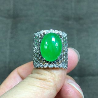 Chinese S925 Silver & Green Jadeite Jade Bead Handwork Honeycombed No.  8 - 12 Ring