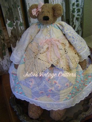 Primitive Teddy Bear Doll,  Antique Quilt,  Old Doily,  Old Photo,  Folk Art Teddy Bear