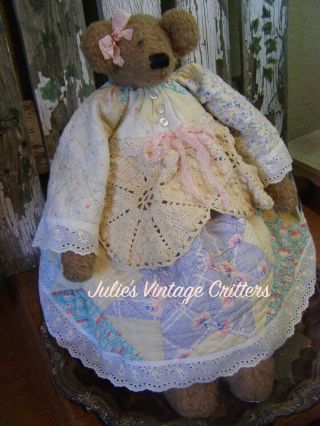 PRIMITIVE TEDDY BEAR DOLL,  ANTIQUE QUILT,  OLD DOILY,  OLD PHOTO,  FOLK ART TEDDY BEAR 4