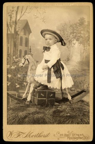 1880s Rochester Ny Young Boy,  Girl Folk Art Rocking Horse Cabinet Photo