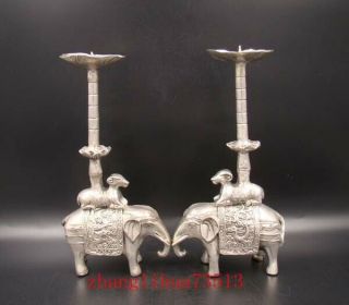 A Pair Collectible Handmade Carving Statue Elephant Candlestick Copper Silver