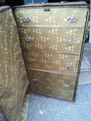 Vintage Antique Wheary Wardrobe Steamer Trunk W/ Drawers Train Car Baggage