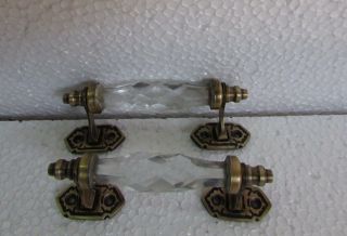 2 Pc Vintage Style Rare Brass White Cut Glass Victorian Engraved Door Handles