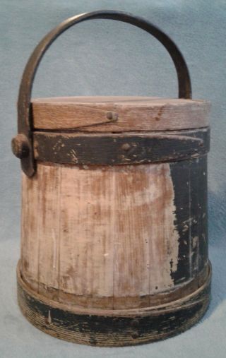 Antique Vintage Primitive Firkin Sugar Bucket - Blue Paint 10 " Wide X 12 " Tall
