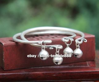 6 Cm China Miao Silver Handwork Auspicious Little Bell Hand Chain Bracelet Pair