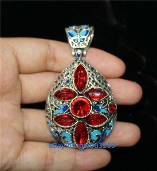 Chinese Tibetan Silver Cloisonne Handwork Inlaid Zircon Pendant
