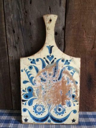 Antique Vtg Wood Cutting Bread Board Old Blue Paint Delft Stangl Tulips / Handle