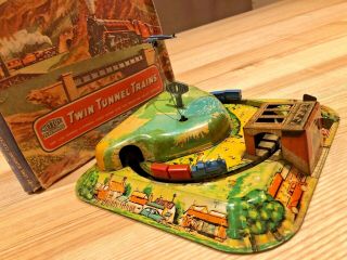 Antique England Mettoy Tin Wind Up Toy Track Train And Plane Goes Around Boxed