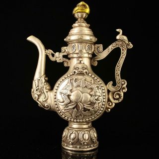 China Copper - Plating Silver Hand - Made Gold Drawing Peach Bat Statue Teapot G02a