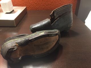 19th Century Childs Leather Clog Shoes W English Makers Mark On Wood Bottoms