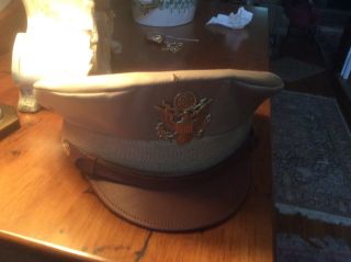 Wwii Us Army Officers Khaki Uniform Visor Hat Cap 7 1/2