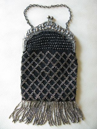 Antique Art Nouveau Floral Black Crochet Lattice Steel Bead Chatelaine Purse