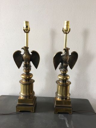 Brass Table Lamps Vintage American Eagle Patriotic Mid Century With Harp