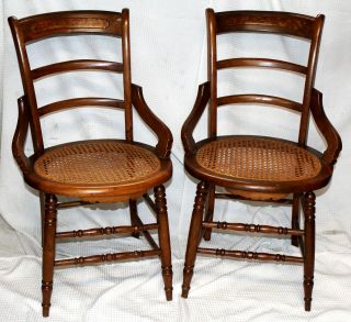 Antique American Victorian Walnut Side Chairs W/ Round Cane Seats,  Set Of Two