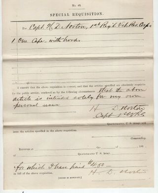 Civil War Document Capt Norton Requisition For Cape With Hood