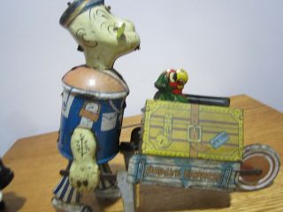 VINTAGE MARX POPEYE EXPRESS WIND UP TIN TOY FIXED PARROT and Pop UP PARROT 8