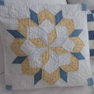Blue Yellow Star Vintage Cottage Farmhouse Quilt Pillow 14 " Charming 2