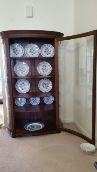 Antique Oak China Curio Cabinet - Serpentine Glass On Three Sides - 5 Wood Shelv