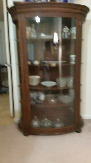 Antique Oak China Curio Cabinet - serpentine glass on three sides - 5 wood shelv 2