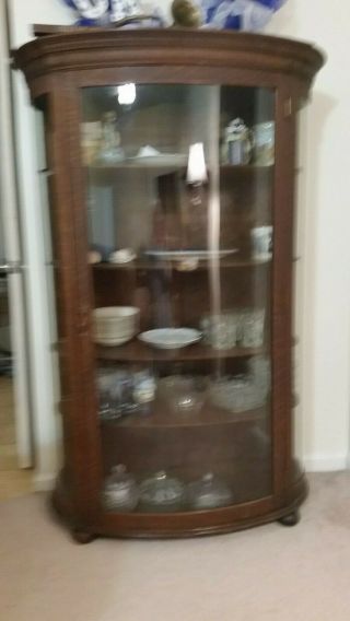 Antique Oak China Curio Cabinet - serpentine glass on three sides - 5 wood shelv 4