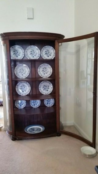 Antique Oak China Curio Cabinet - serpentine glass on three sides - 5 wood shelv 8