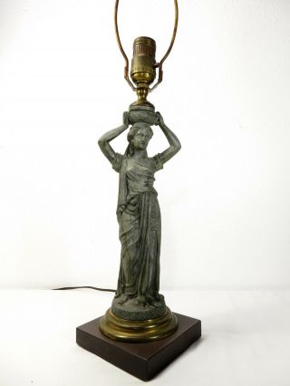 Antique Victorian Spelter Greek / Roman Robed Woman Statue Table Lamp Sculpture