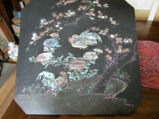 Vtg Mother Of Pearl Inlaid Wood Table Top Roosters Chrysanthemum Blossoms Rare