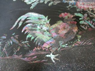 Vtg MOTHER OF PEARL Inlaid Wood Table Top ROOSTERS Chrysanthemum BLOSSOMS Rare 2