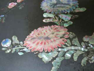 Vtg MOTHER OF PEARL Inlaid Wood Table Top ROOSTERS Chrysanthemum BLOSSOMS Rare 4