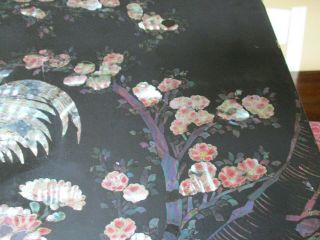 Vtg MOTHER OF PEARL Inlaid Wood Table Top ROOSTERS Chrysanthemum BLOSSOMS Rare 7